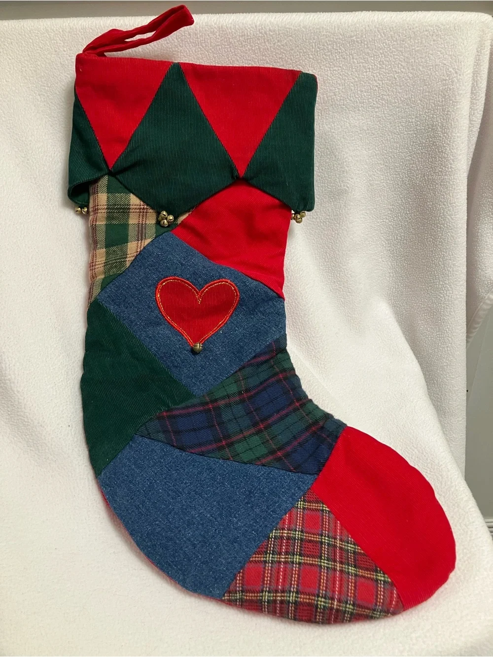 retired Pier 1 Imports patchwork quilt Christmas stocking. Red heart. Tiny bells